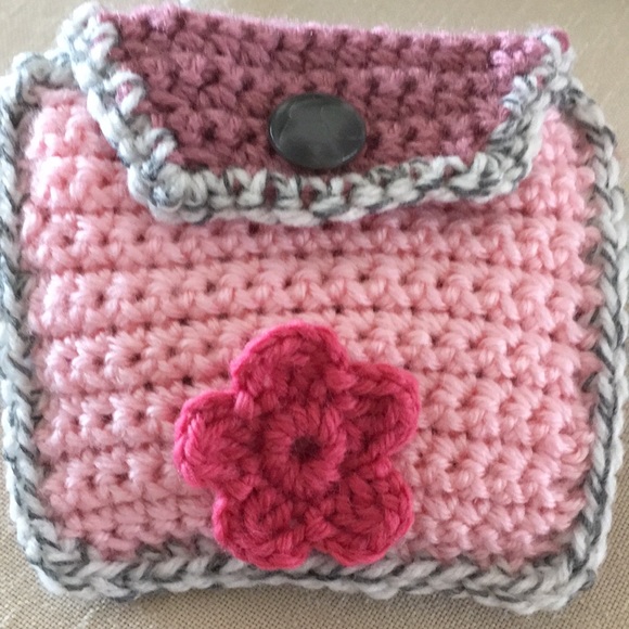 HAND CRAFTED Mini Bag Flower Crochet Mauve Gray Pink - Picture 6 of 6